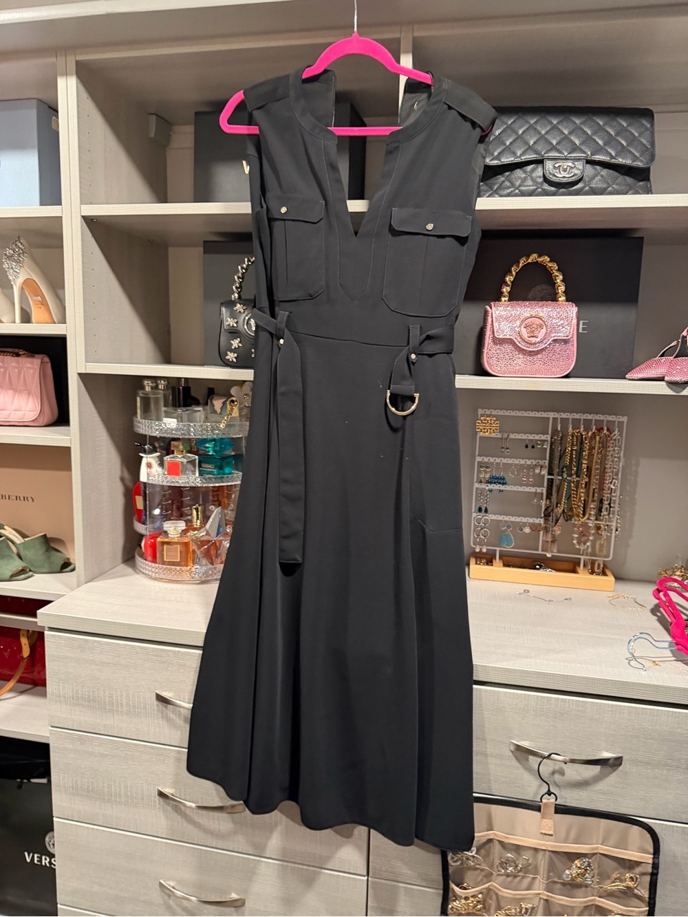 Tahari Black Sleeveless Belted Midi Dress